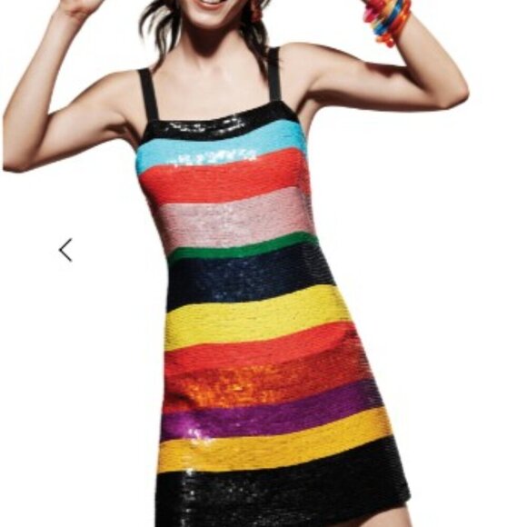 Alice + Olivia Bridget Square Neck Stripe Sleeveless Shift Sequin Stripe Dress 0 - Picture 1 of 5